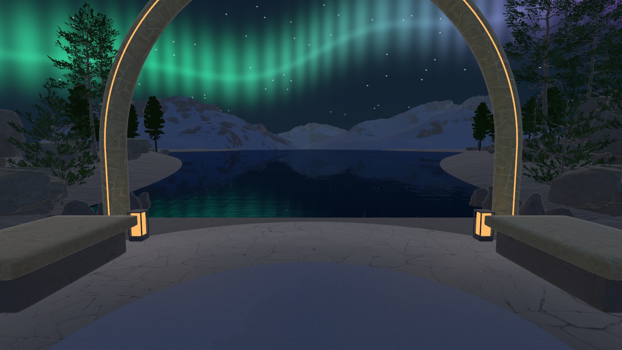 Aurora environment with illuminated arch, trees and mountains