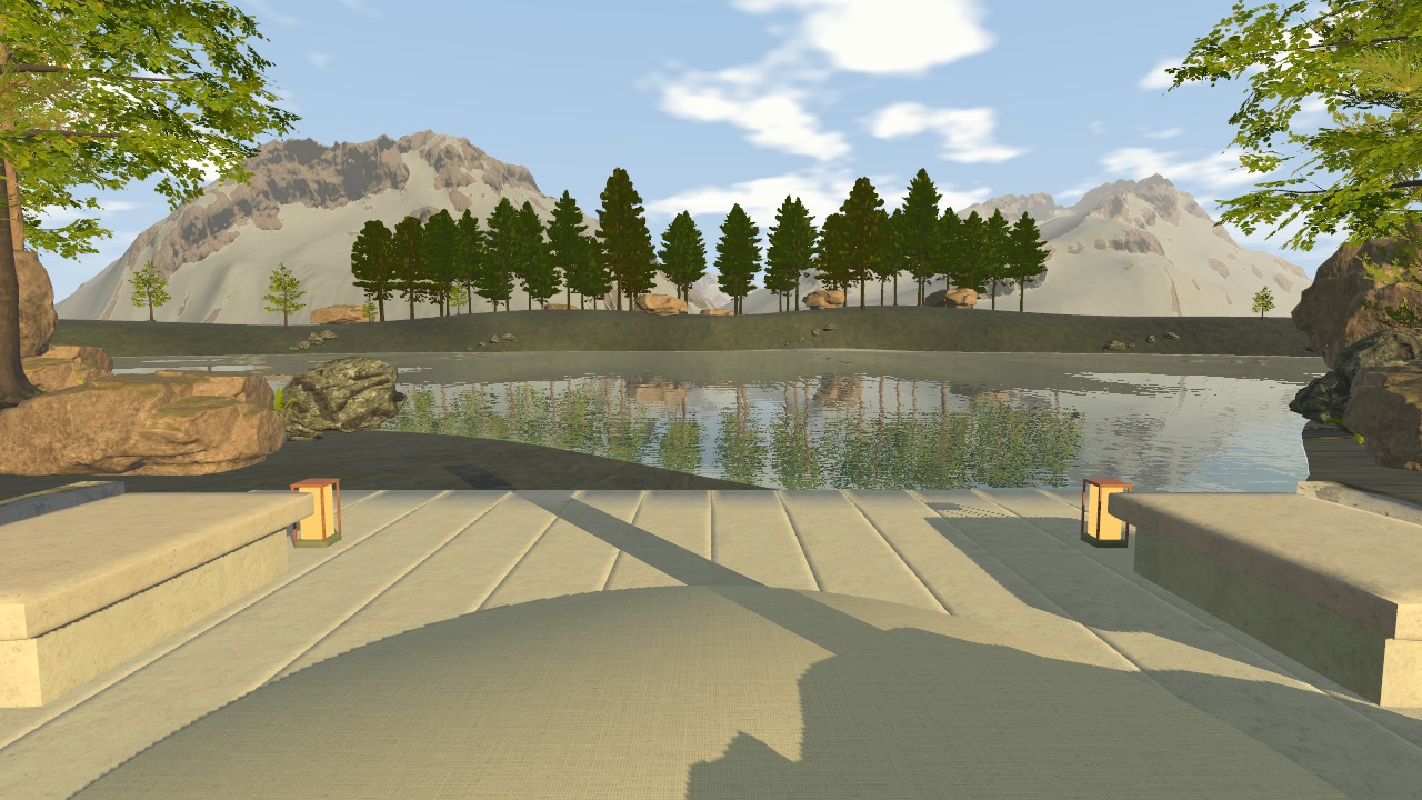 Highland lake environment with mountains and pines
