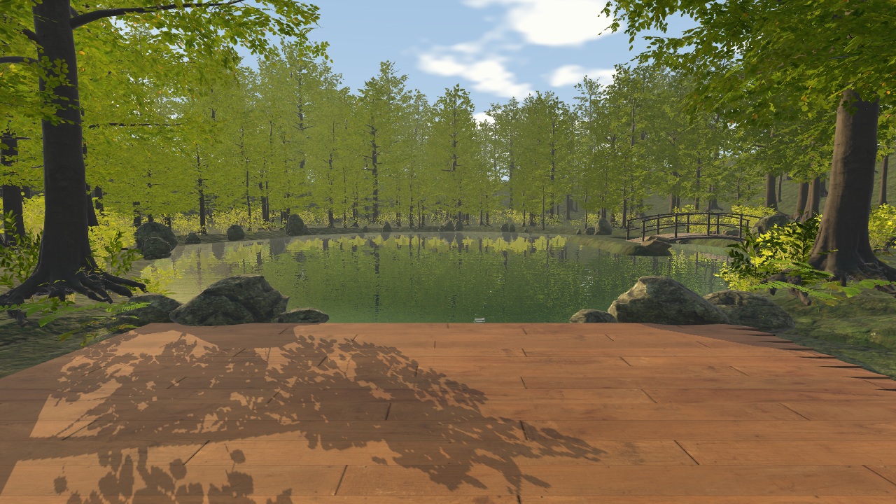 Woodland retreat with a timber deck, pond and trees