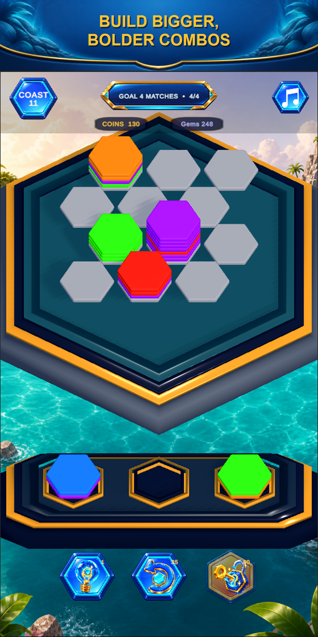 A completed match goal with colorful hex stacks