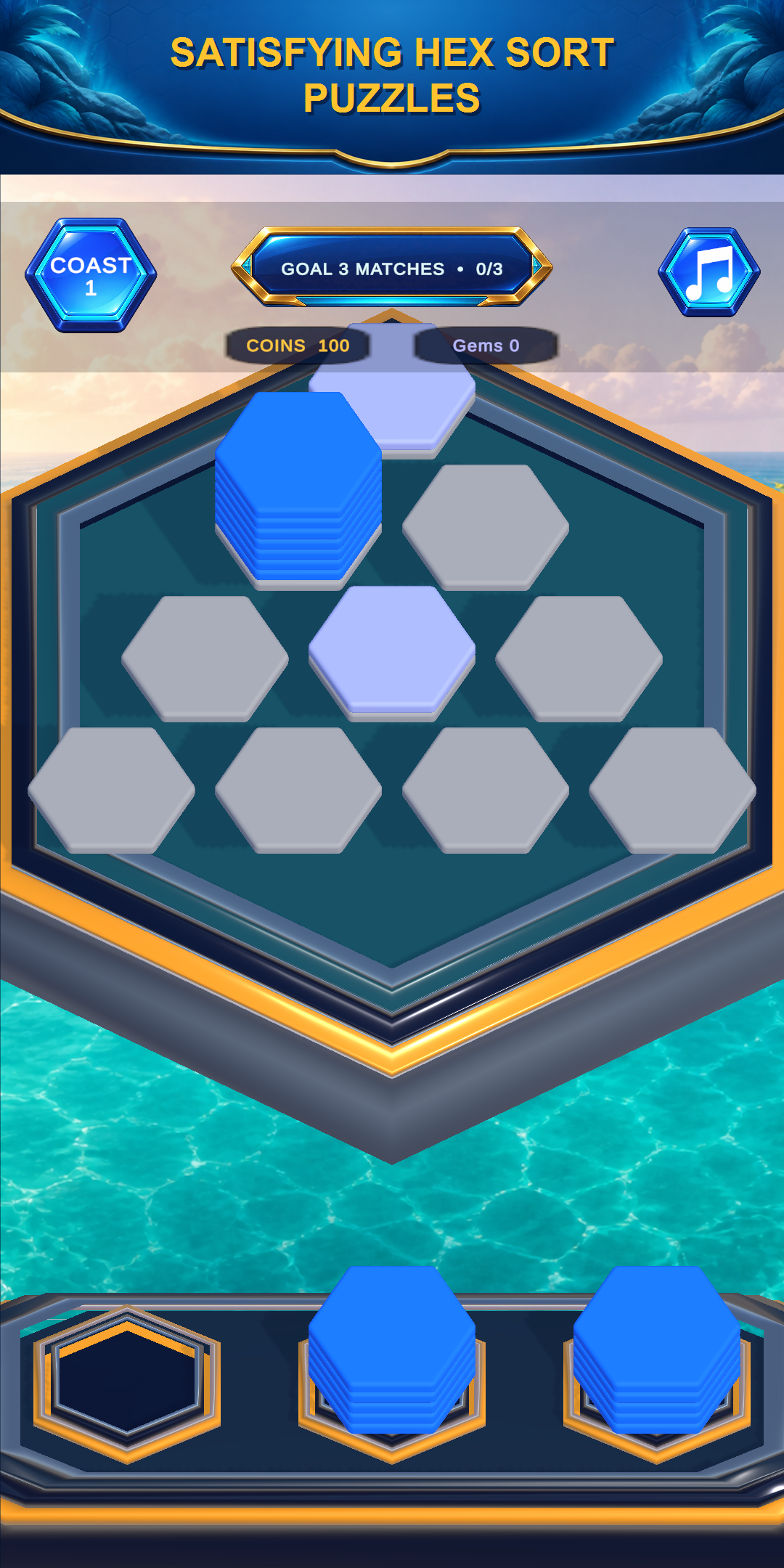 Hex stacks on a color sorting puzzle board
