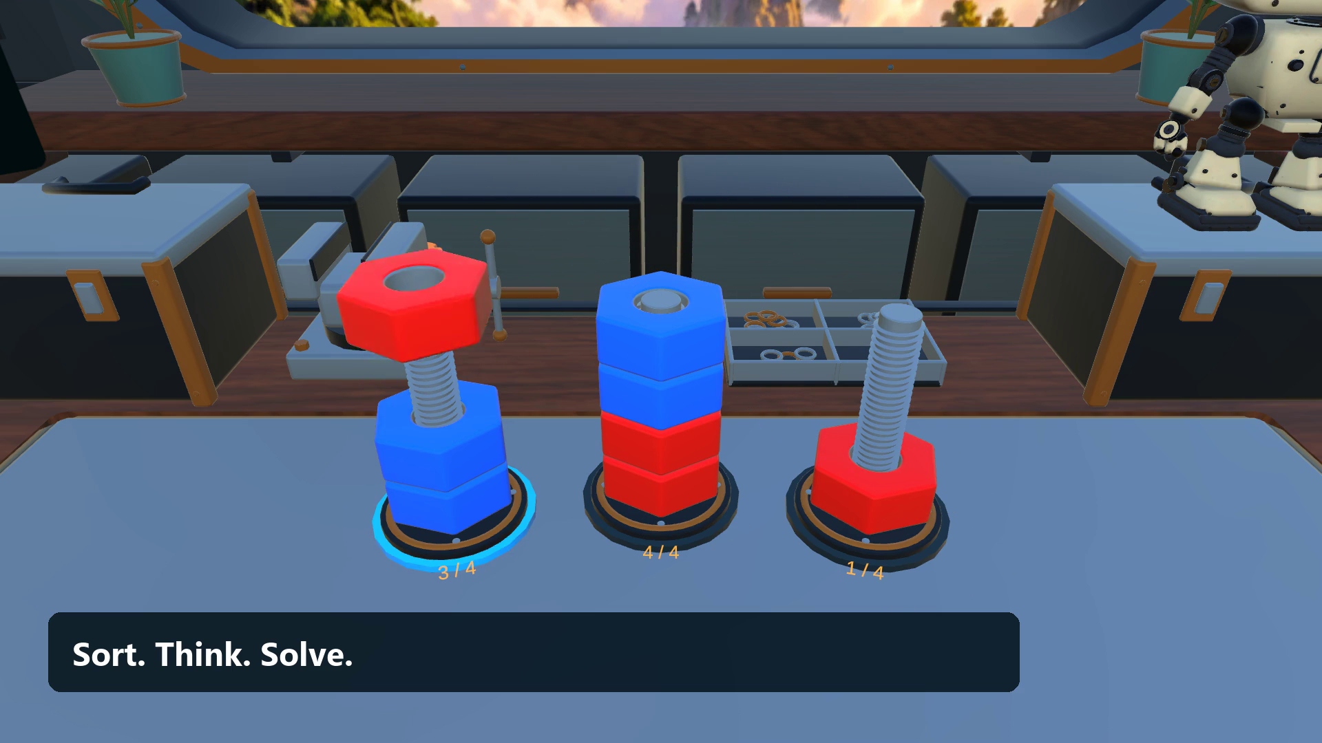 Recorded Nut Sort VR gameplay: red and blue nuts on workshop bolts