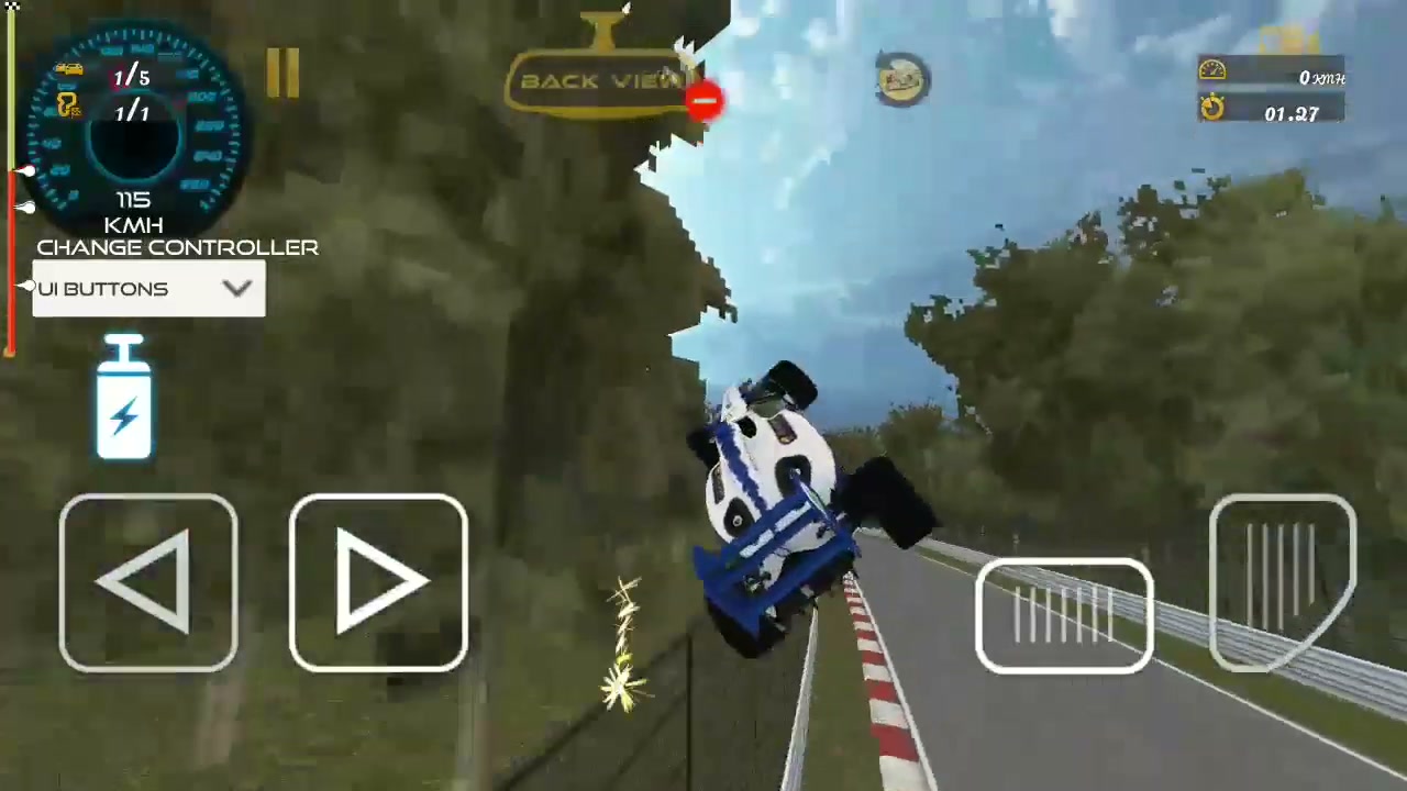 Actual gameplay: an open-wheel car flips beside the race track